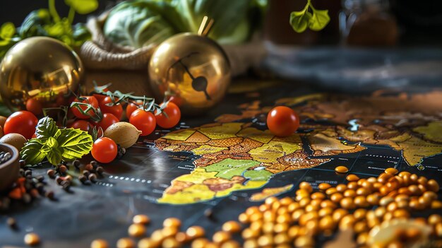 Foto vegetales frescos y especias en una mesa el fondo es un mapa del mundo la imagen está tomada desde un ángulo alto