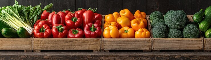 Vegetales frescos exhibidos en cajas de madera rústicas con pimientos rojos y amarillos vibrantes, brócoli verde y verduras de hojas que crean una atmósfera de mercado de agricultores colorida y acogedora