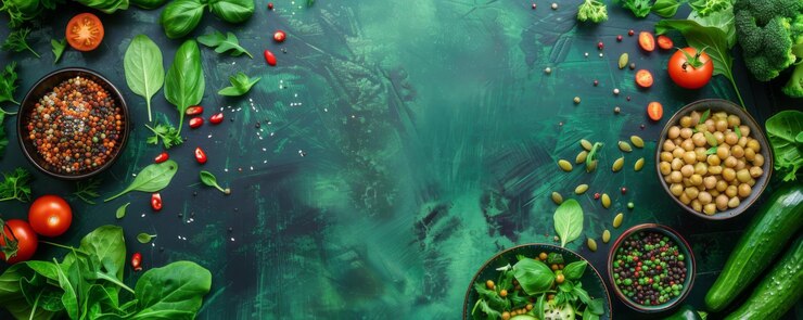 Vegetales frescos flotando en el agua con burbujas en un fondo azul azul Banner con área de copyspace