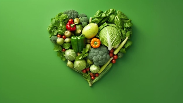 Vegetales frescos en forma de corazón sobre un telón de fondo verde