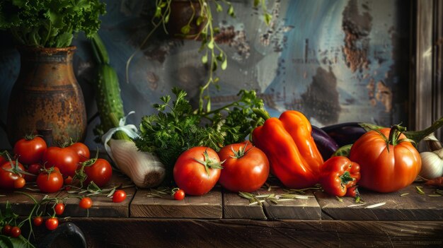 Vegetales frescos en una mesa de madera rústica