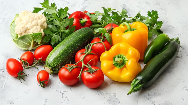 Vegetales frescos sobre un fondo blanco La imagen muestra una variedad de verduras coloridas, incluidos tomates, pimientos, calabazas y coliflor.