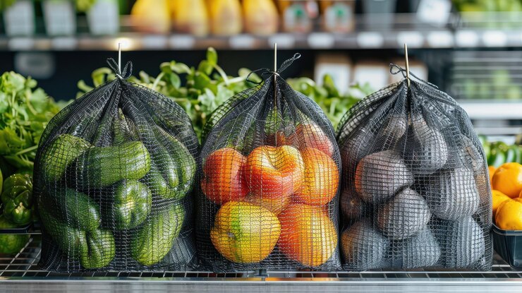 Vegetales y frutas frescas en bolsas de malla negra en exhibición en una tienda de comestibles