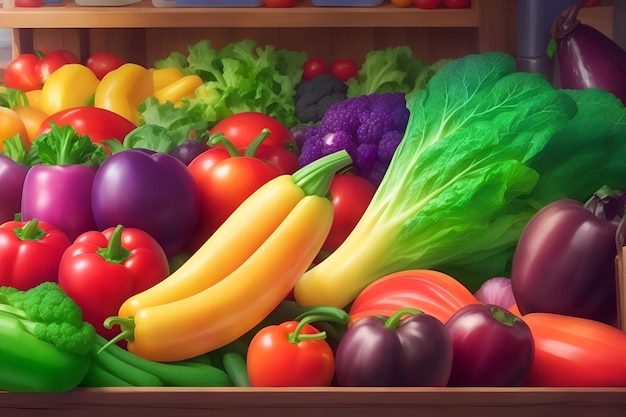 Vegetales y frutas frescos y brillantes en el mostrador