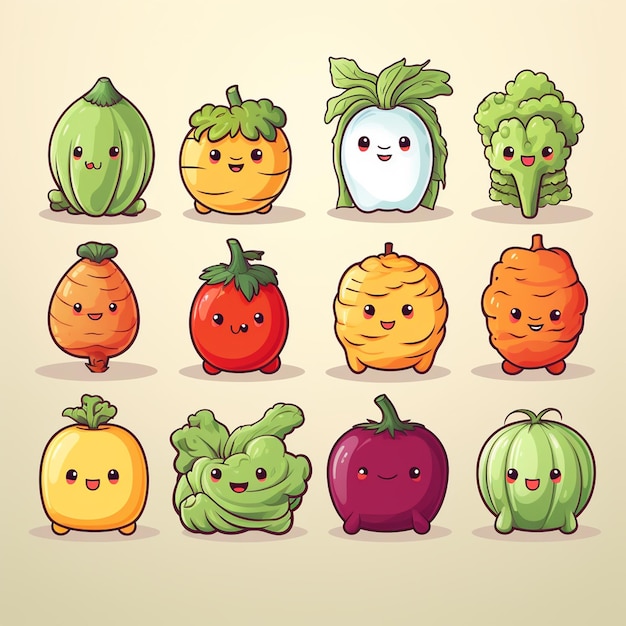 Vegetales y frutas juego de personajes de dibujos animados Ilustración vectorial de simpáticos personajes de verduras