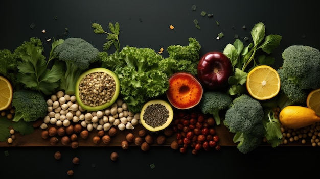 Vegetales y frutas sobre un fondo sólido