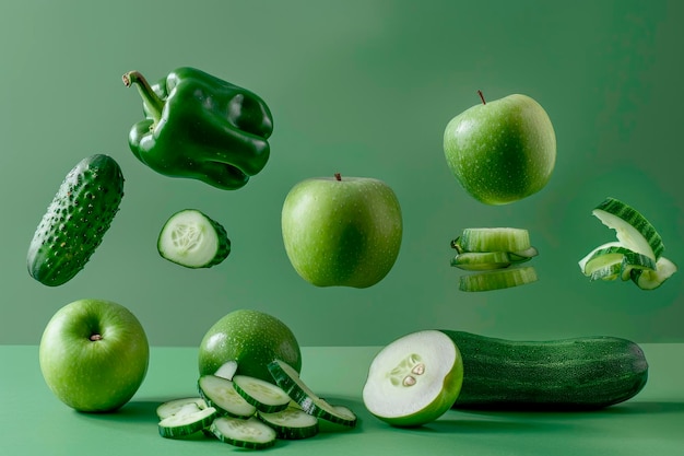 Vegetales y frutas verdes frescos que caen sobre un fondo verde pimienta verde manzana verde y pepino