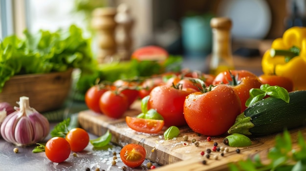 Vegetales y hierbas frescas en la encimera de la cocina