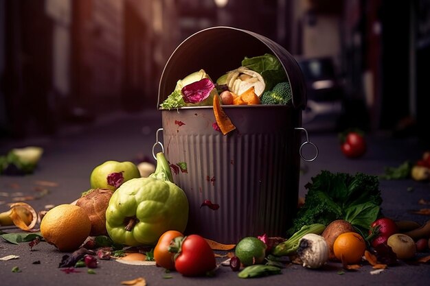 Vegetales en mal estado no comidos y no utilizados arrojados al contenedor de basura Pérdida de alimentos y desperdicio de alimentos Reducción del gasto de alimentos compostando verduras podridas en una basura generada por IA