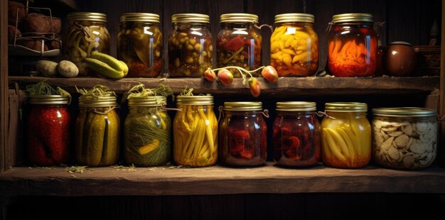 Vegetales en la mesa de madera en frascos