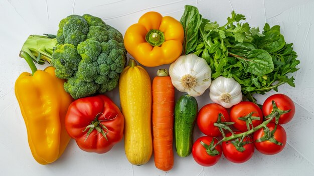 Vegetales orgánicos frescos con fondo blanco brócoli pimientos calabazas pepino pepino ajo