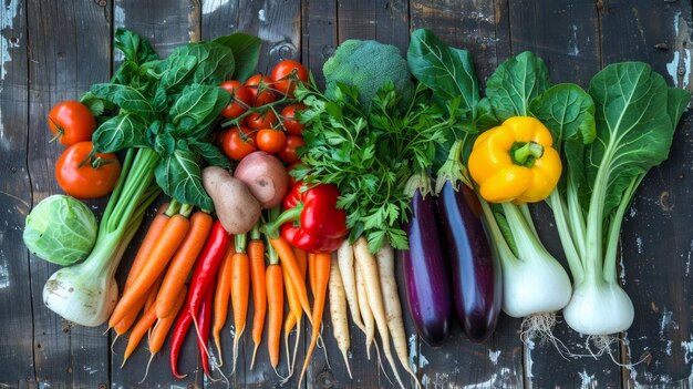 Vegetales orgánicos frescos en un fondo de madera rústico Variedad de productos coloridos para la salud