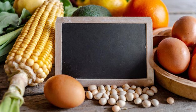 Vegetales orgánicos frescos, frutas, frijoles y maíz con pizarra en una mesa de madera vintage