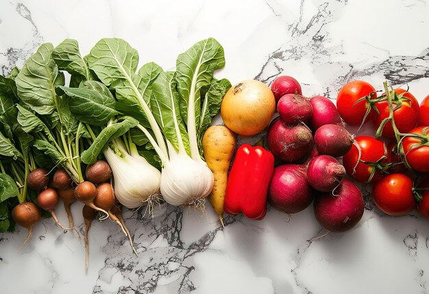 Vegetales orgánicos frescos en la superficie una variedad colorida de nutrientes saludables