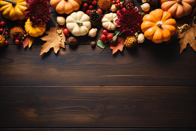 Vegetales de otoño en una mesa de madera para el día de Acción de Gracias