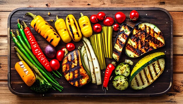 Foto vegetales a la parrilla sobre un fondo de madera comida saludable comida vegana en la barbacoa