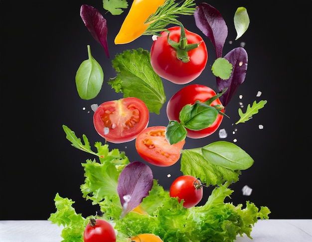 Vegetales que caen y hojas de ensalada aisladas