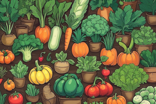 Vegetales de raíz de dibujos animados saludables Ilustración de suelo dibujada a mano