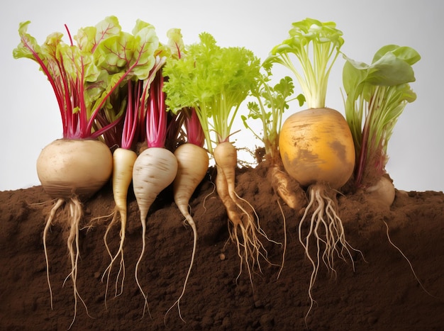 Vegetales de raíz variados con hojas en el suelo que destacan la cosecha sostenible