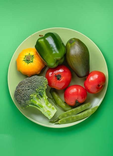 Vegetales saludables vegetales en un plato grande verde sobre un fondo verde vista superior _ai_generate