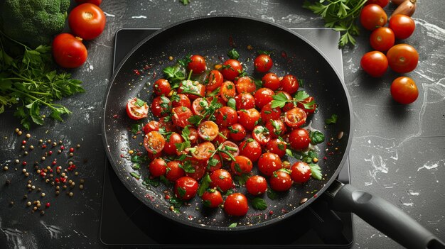 Vegetales y sartén en la cocina moderna con estufa de inducción