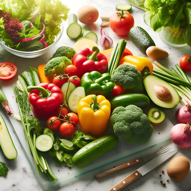 Foto vegetales verdes saludables a la espera de ser hechos una ensalada en una tabla de cortar