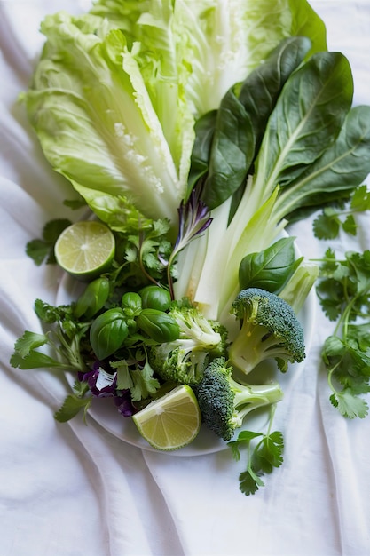 Vegetales verdes saludables limón y hierbas en blanco