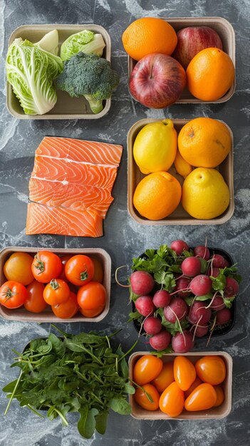 Vegetales y verduras frescas vibrantes en una superficie oscura