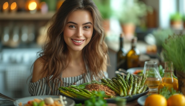 Foto vegetariana delight jovem mulher desfrutando de uma refeição em bright table.