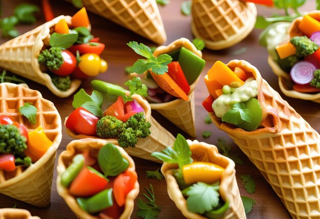 Foto vegetariano e herb medley em crispy waffle cones