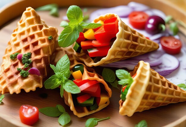 Foto vegetariano e herb medley em crispy waffle cones