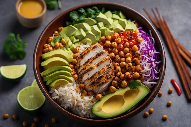 Foto vegetarische buddha-schüssel mit frischem gemüsesalat und kichererbsen