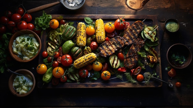 Vegetarische Grillgerichte auf einem Holztisch