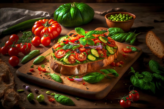 Vegetarische italienische Bruschetta mit Brotgurken, Tomaten und Basilikum