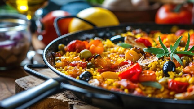 Vegetarische Paella vor einer lebendigen Bauernmarktszene