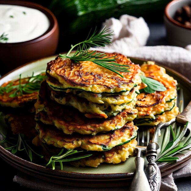 Vegetarische Zucchini-Küchlein oder Zucchini-Pfannkuchen, serviert mit frischen Kräutern und Sauerrahm