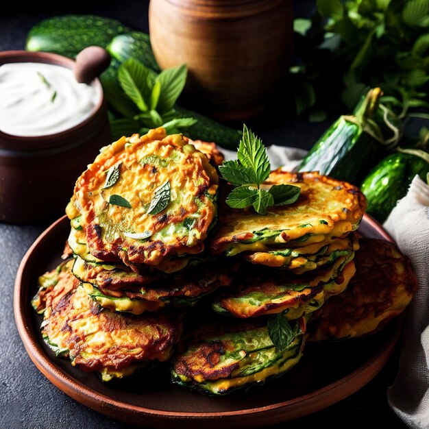 Vegetarische Zucchini-Küchlein oder Zucchini-Pfannkuchen, serviert mit frischen Kräutern und Sauerrahm