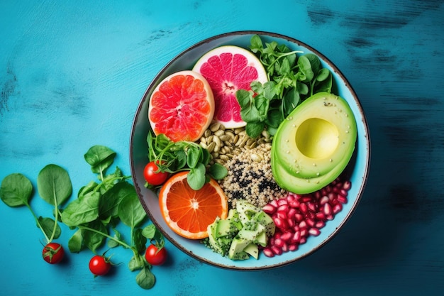 Vegetarischer Buddha-Bowl-Salat mit verschiedenen Gemüsesorten, Avocado, Blutorange, Spinat, Quinoa und Kürbiskernen