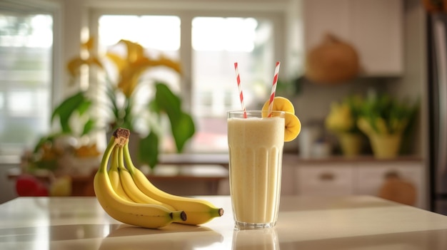 Vegetarischer gesunder Bananen-Smoothie, kalter Cocktail, Sommergetränk, köstliche und süße Bananen auf dem Tisch, erzeugte KI