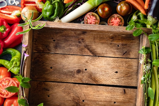 Vegetarischer Lebensmittelhintergrund auf einer Holzkiste.Gemüse- und Obstsammlung.Draufsicht und Kopierraum.