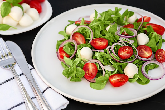 Vegetarischer Salat aus frischem Gemüse mit Mozzarella auf einer weißen Tellernahaufnahme