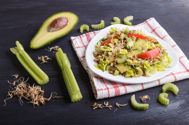 Vegetarischer Salat aus Sellerie, gekeimtem Roggen, Tomaten und Avocado auf Leinentischdecke.