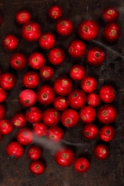 Vegetarisches Essenskonzept Süße saftige rote Johannisbeeren auf dunklem Hintergrund Blick von oben Nahaufnahme