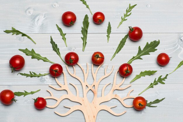 Vegetarisches Kunstkonzept Tomaten halbieren am Baum