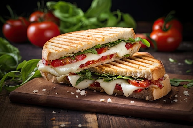 Vegetarisches Panini mit Tomaten und Mozzarella auf einem Holztisch