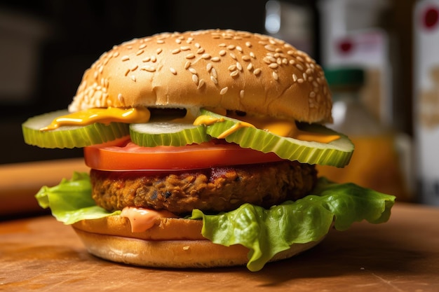 Veggie-Burger mit Salattomate und Gurke auf einem gerösteten Brötchen