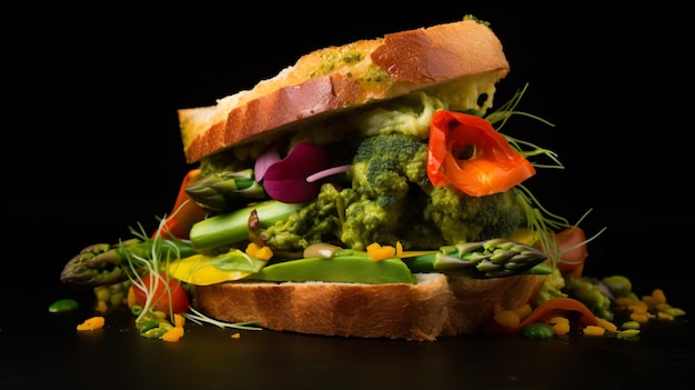 Foto veggie-sandwich, gemüse und pesto stehen in dieser anzeige im mittelpunkt