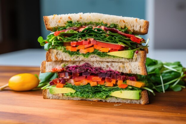Foto veggieloaded sandwich auf sauerteig mit viel farbe