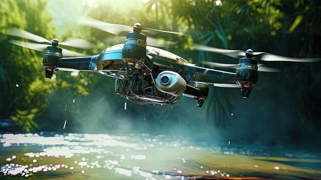 Foto el vehículo aéreo no tripulado lleva a cabo el riego creando un revestimiento de agua invisible pero eficaz