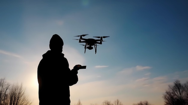 vehículo aéreo no tripulado en manos de una silueta de hombre contra el fondo del cielo